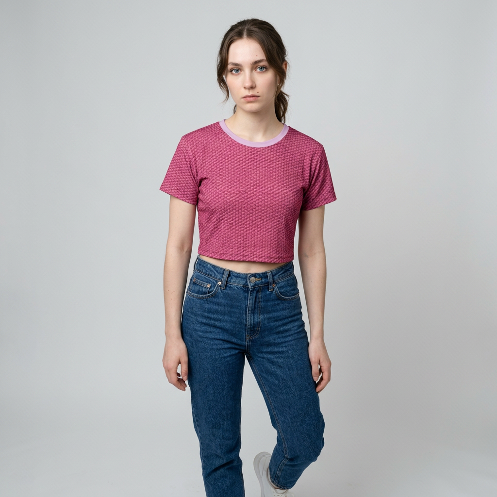 A woman modeling a short-sleeve cropped t-shirt with a textured magenta pattern and blue jeans, standing against a light gray studio background.