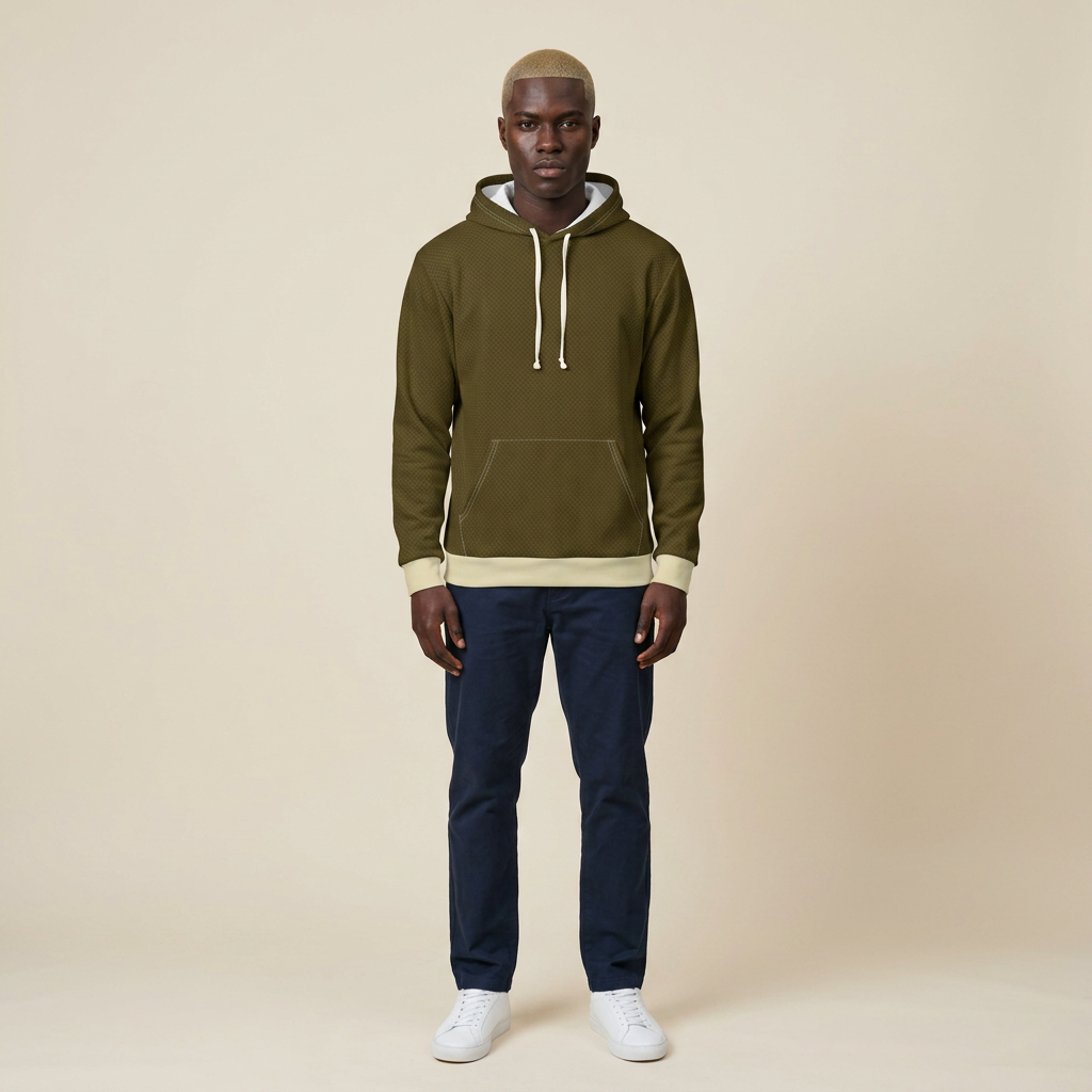 A man stands facing forward wearing an olive green pullover hoodie with cream drawstrings and ribbed trim, paired with navy pants and white sneakers, against a plain beige studio background.