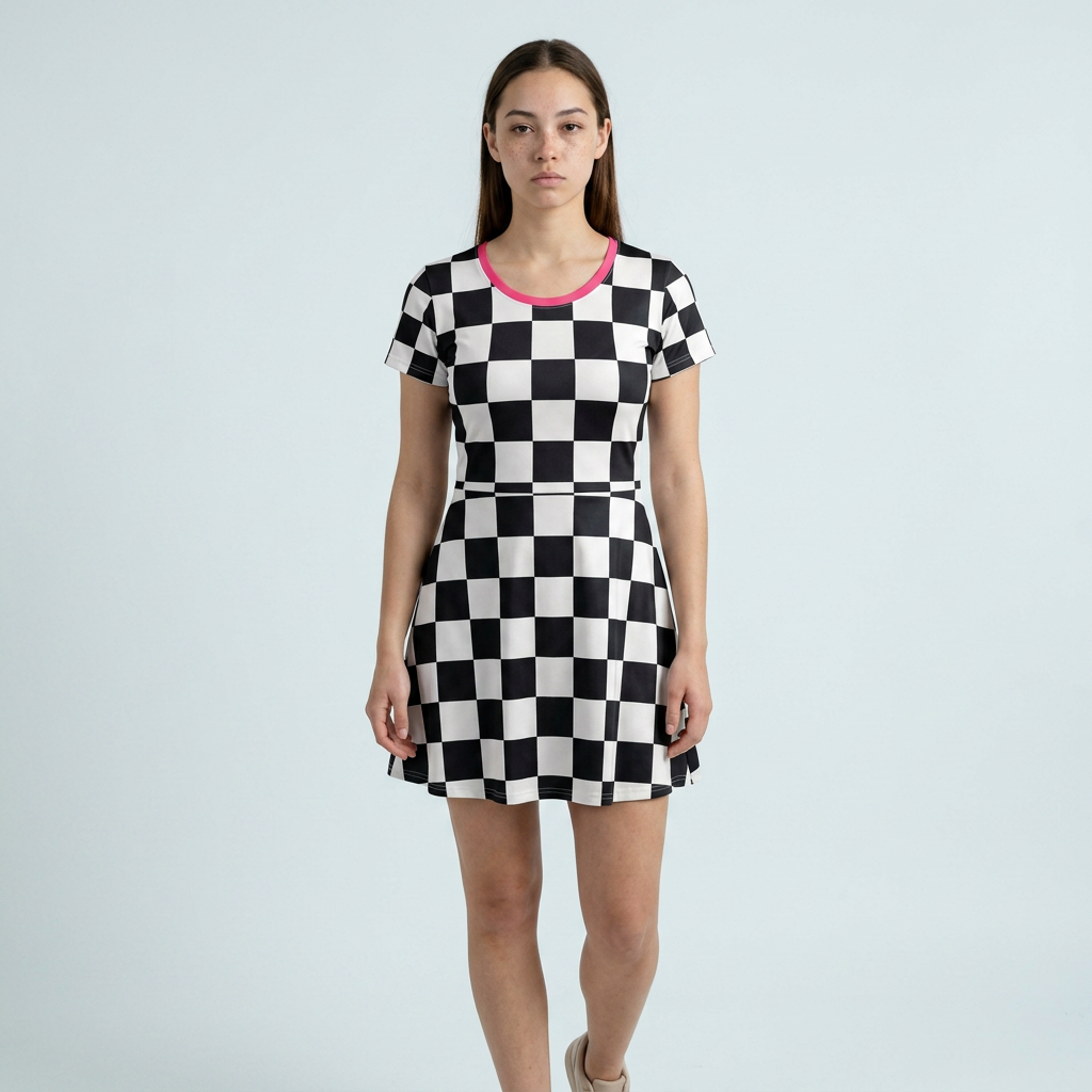 Checkerboard Pattern T-Shirt Dress – Black & White Retro Skate Style