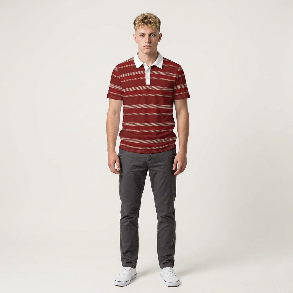 A young man modeling a short-sleeve polo shirt with horizontal red and beige stripes, a white collar, and a white placket, paired with dark gray trousers and white sneakers, against a light gray studio background.