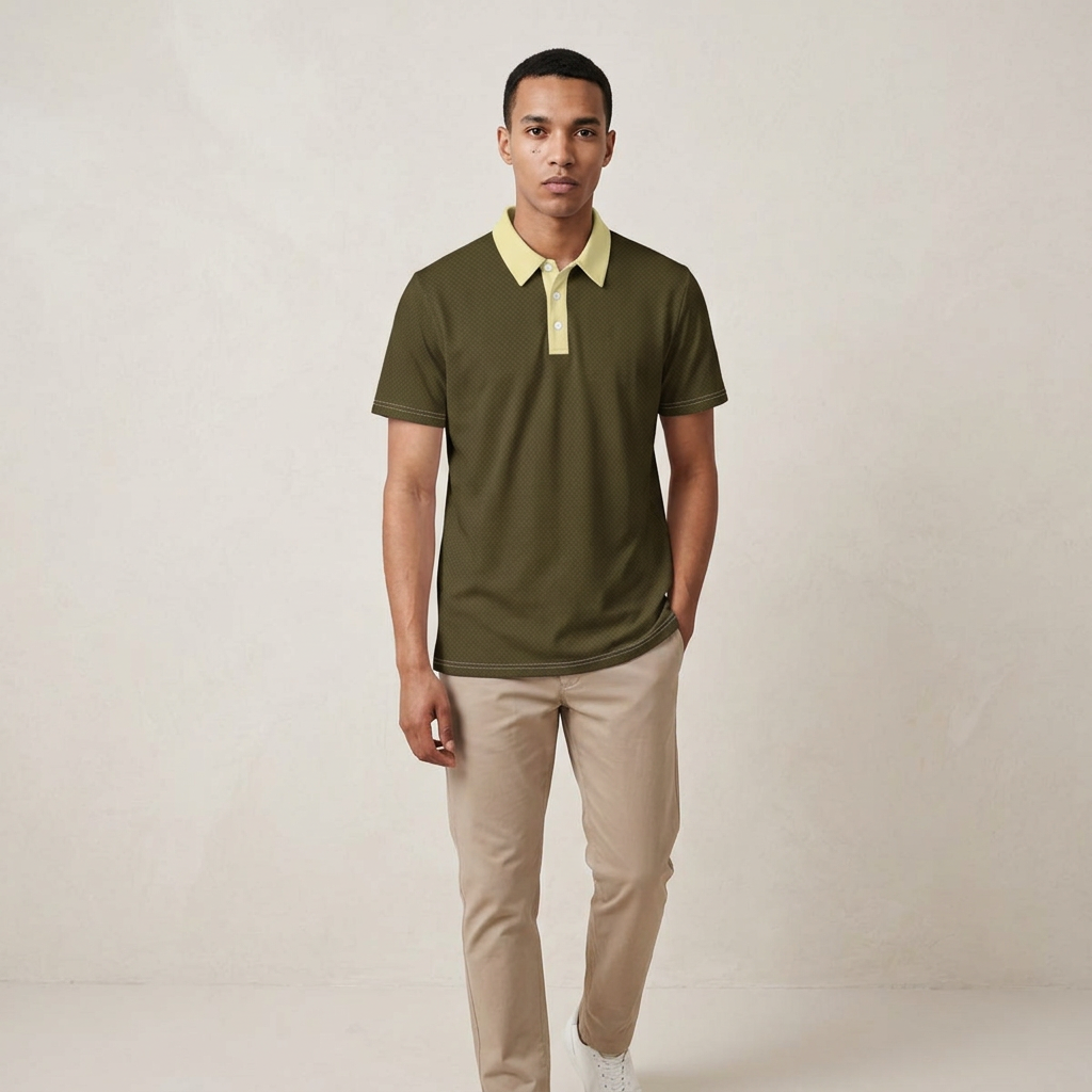A man modeling a short-sleeve polo shirt in olive green with a light yellow collar and placket, paired with beige trousers, against a neutral beige studio background.