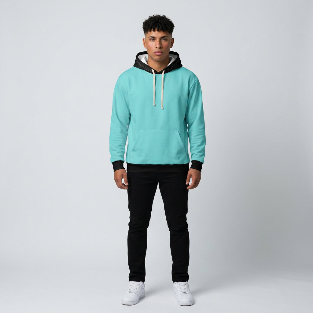 A man modeling a light turquoise hoodie with black trim and white drawstrings, paired with black pants and white sneakers, against a light gray studio background.
