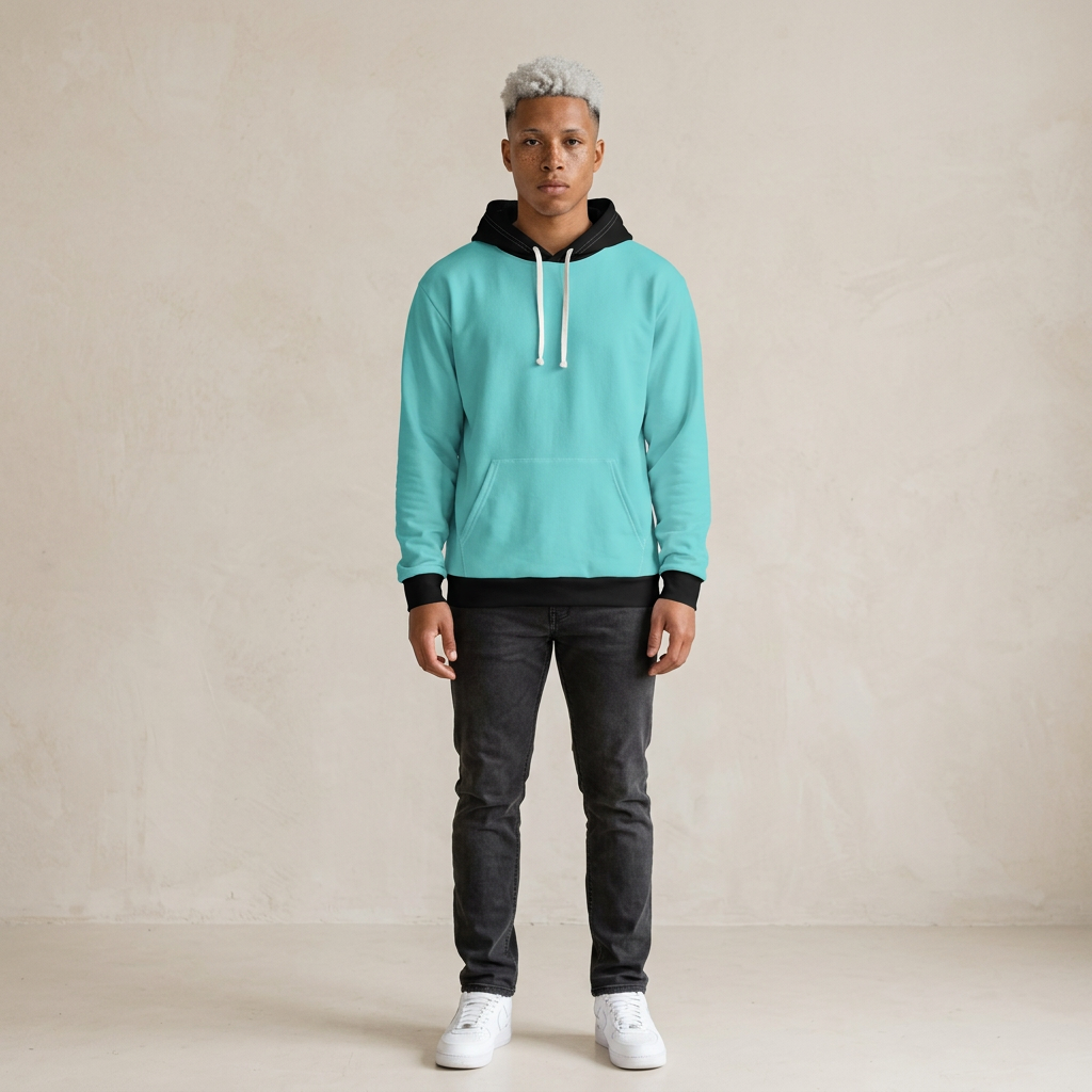 A model stands facing forward wearing a turquoise hoodie with a black hood and black ribbed cuffs and hem, paired with dark gray jeans and white sneakers, against a textured beige studio backdrop.