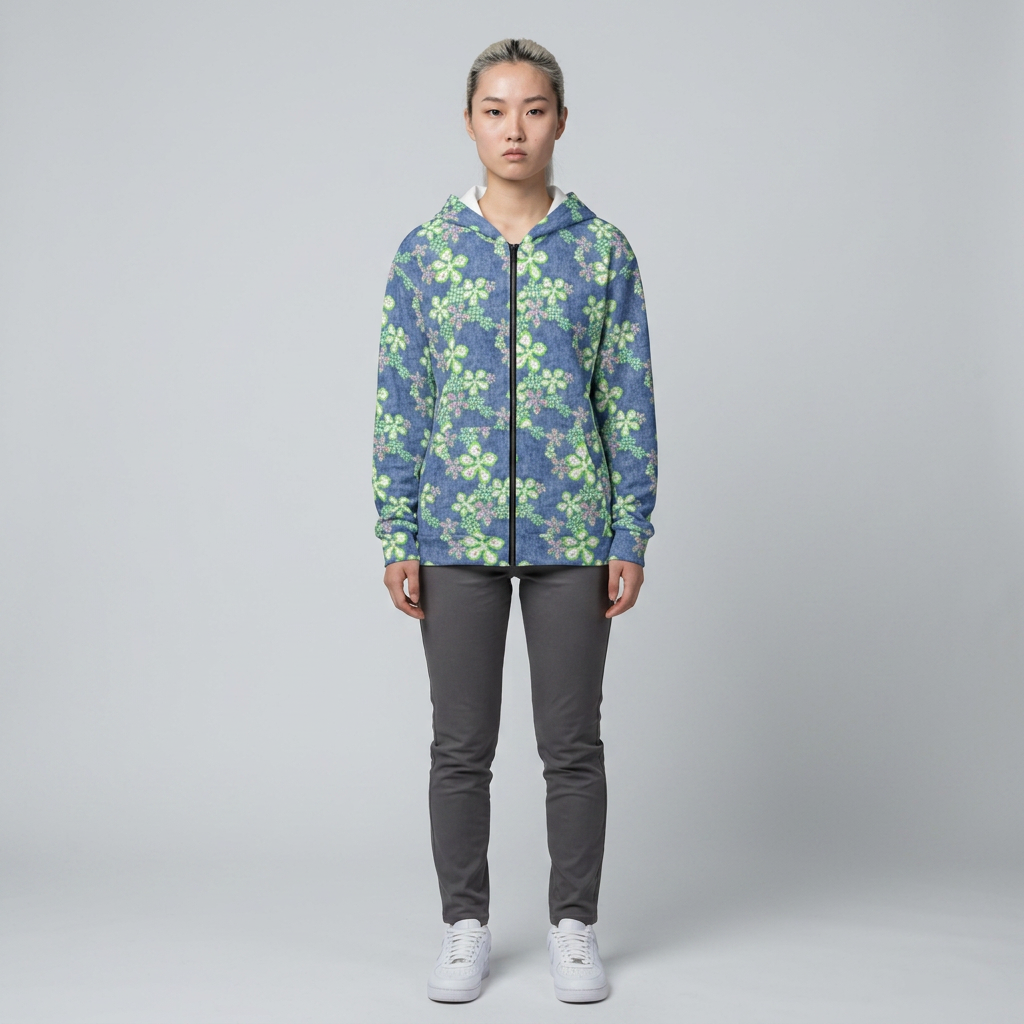 Floral Denim Zip Hoodie — Green Clover Pattern All-Over Print