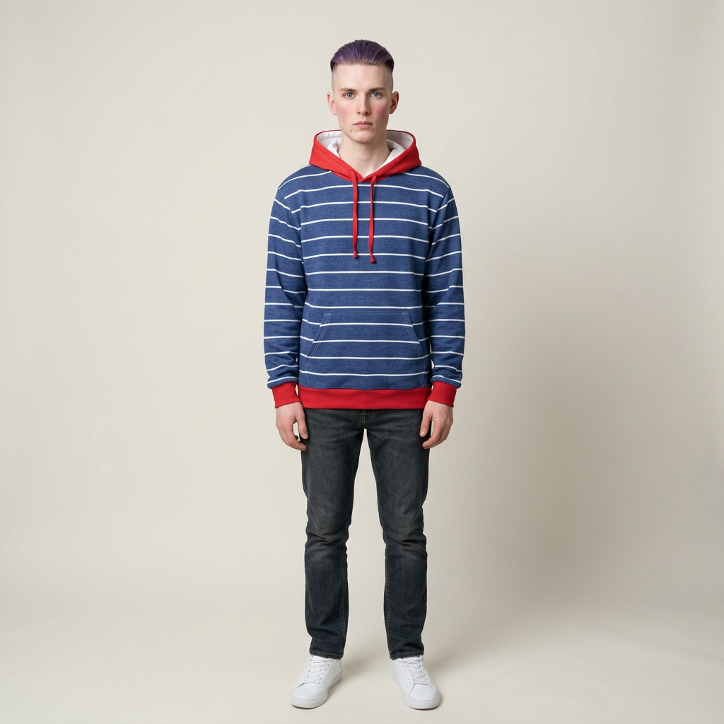 Nautical Striped Hoodie — Navy & White Crew Stripes with Red Hood and Cuffs
