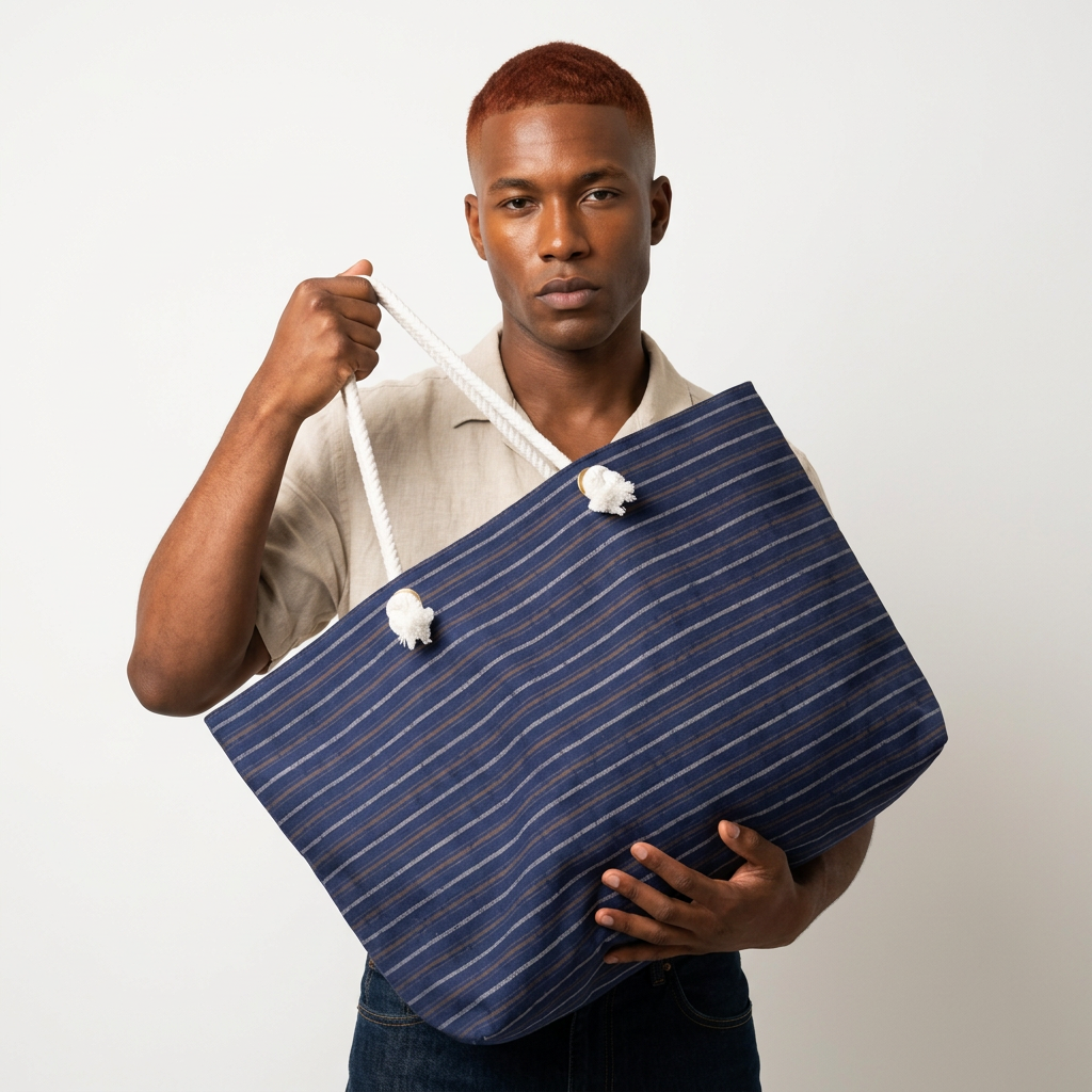 A man holding a large navy blue tote bag with thin white stripes and white rope handles, wearing a beige shirt and dark jeans against a plain light gray background.