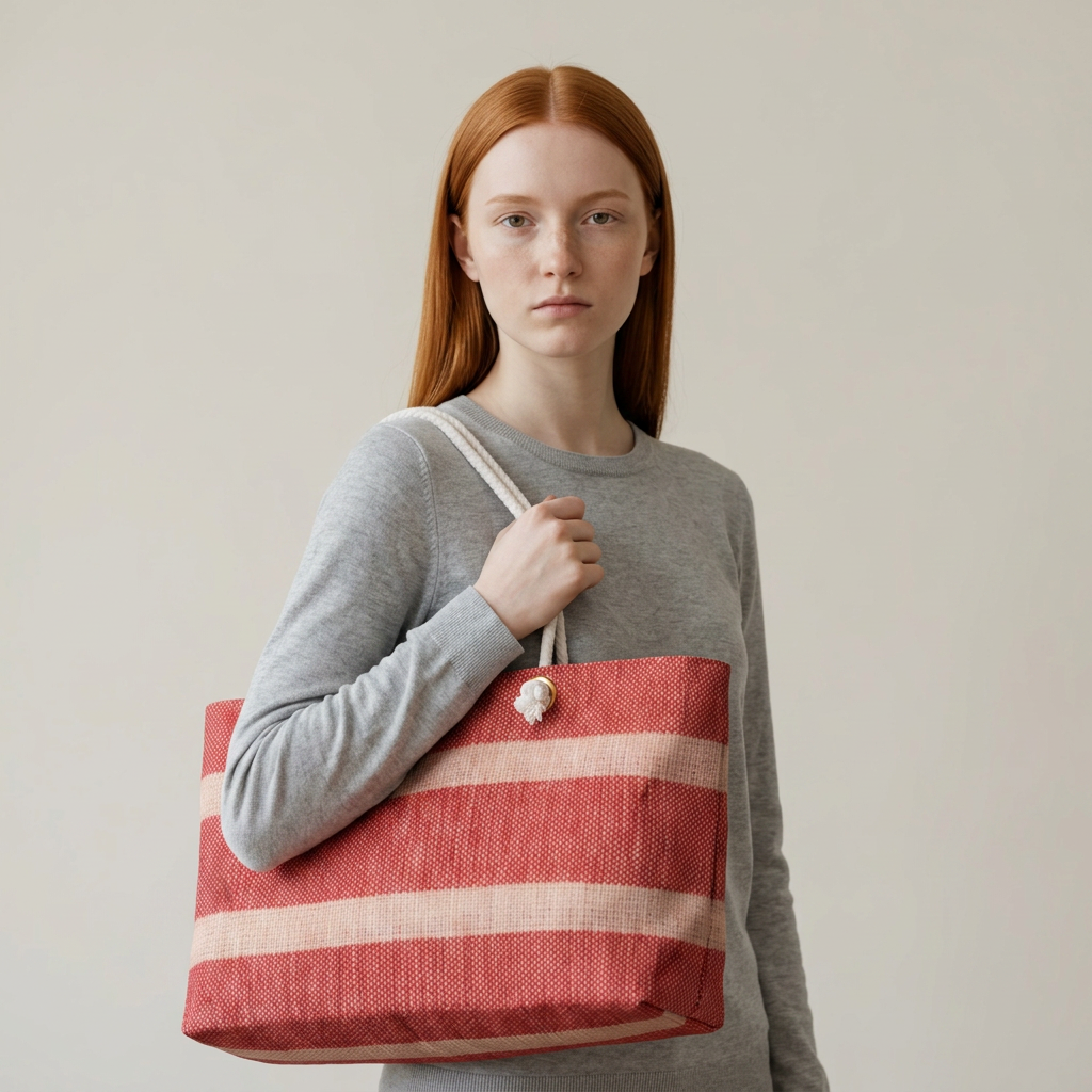 A woman with red hair wearing a gray long-sleeve top holds a large woven tote bag with horizontal red and cream stripes and a white shoulder strap against a plain light beige background.