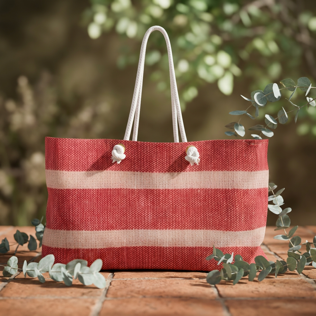 A woven tote bag with horizontal red and cream stripes, featuring two white rope handles and decorative white rope ties on the front. The bag is styled on a brick surface with eucalyptus leaves, set against a soft-focus outdoor garden background.