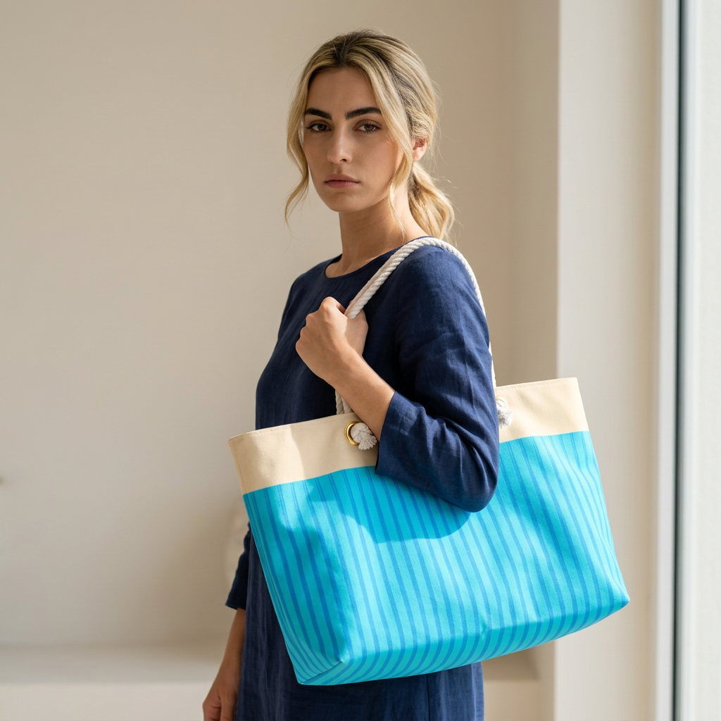 A woman wearing a navy blue dress carries a large striped tote bag with a bright turquoise blue body and cream-colored top panel and strap.