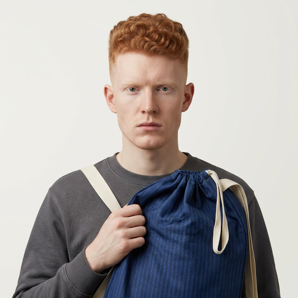 A man with red hair wearing a dark gray sweatshirt and holding a blue drawstring bag over his shoulder, photographed against a plain light background.
