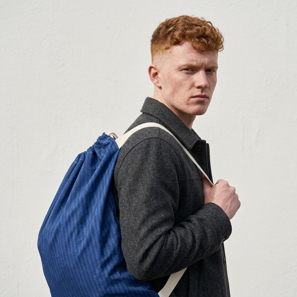 A man with red hair wearing a dark gray coat and carrying a large blue drawstring backpack with a white shoulder strap, standing against a light gray wall.