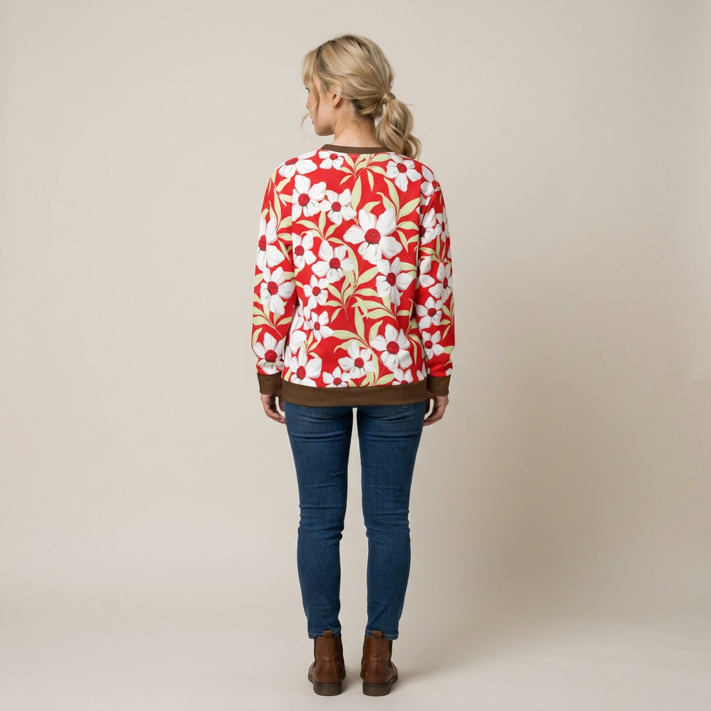 White Floral Pattern Sweatshirt | Red Background Flower All-Over Print