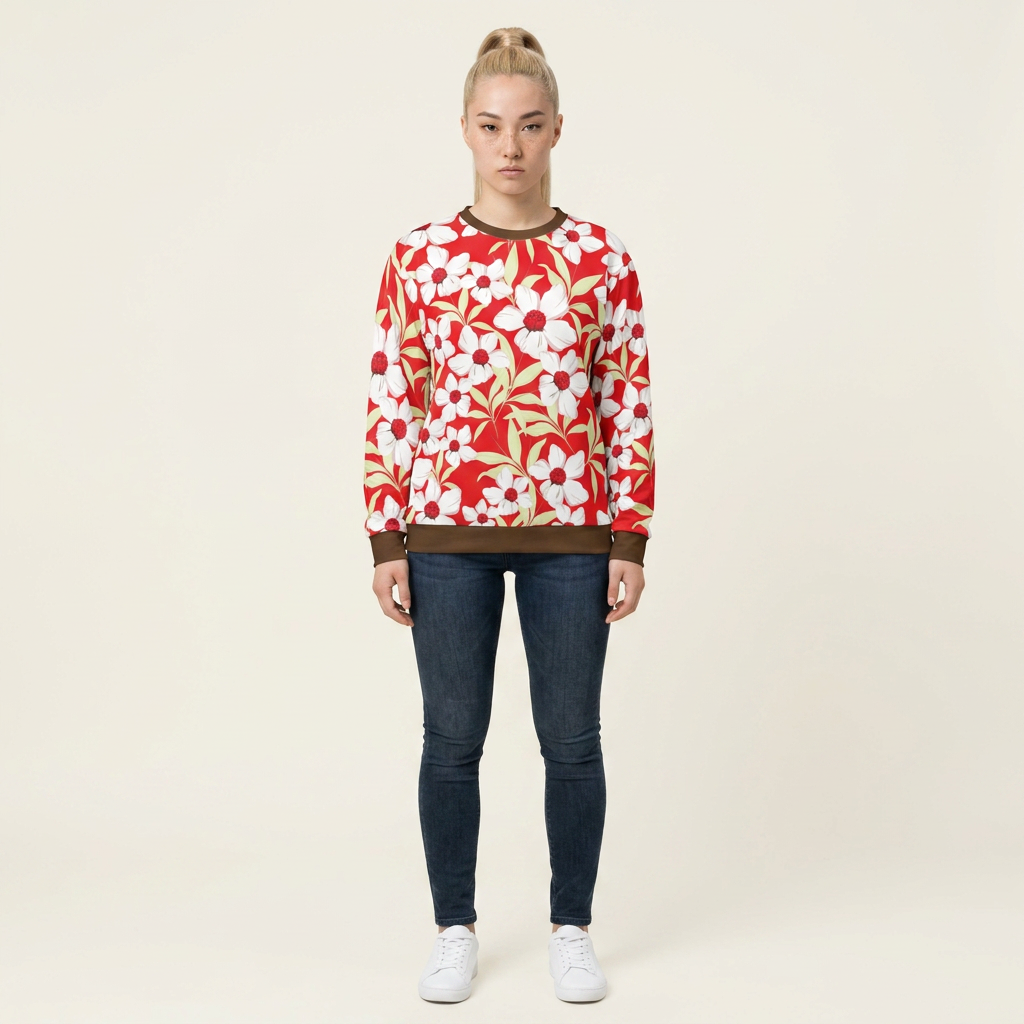 White Floral Pattern Sweatshirt | Red Background Flower All-Over Print