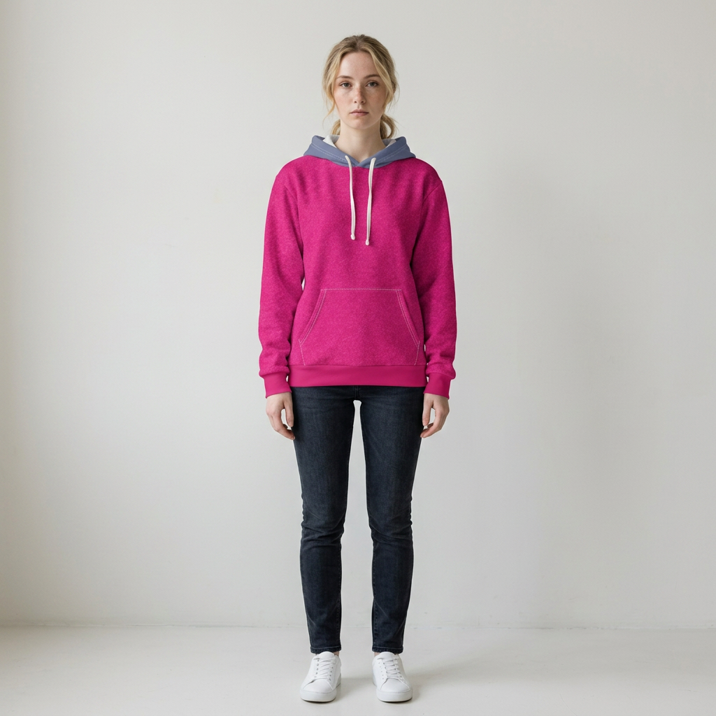 A woman stands facing forward wearing a bright pink pullover hoodie with a contrasting light blue hood lining and white drawstrings, paired with dark blue jeans and white sneakers, against a plain light gray studio background.