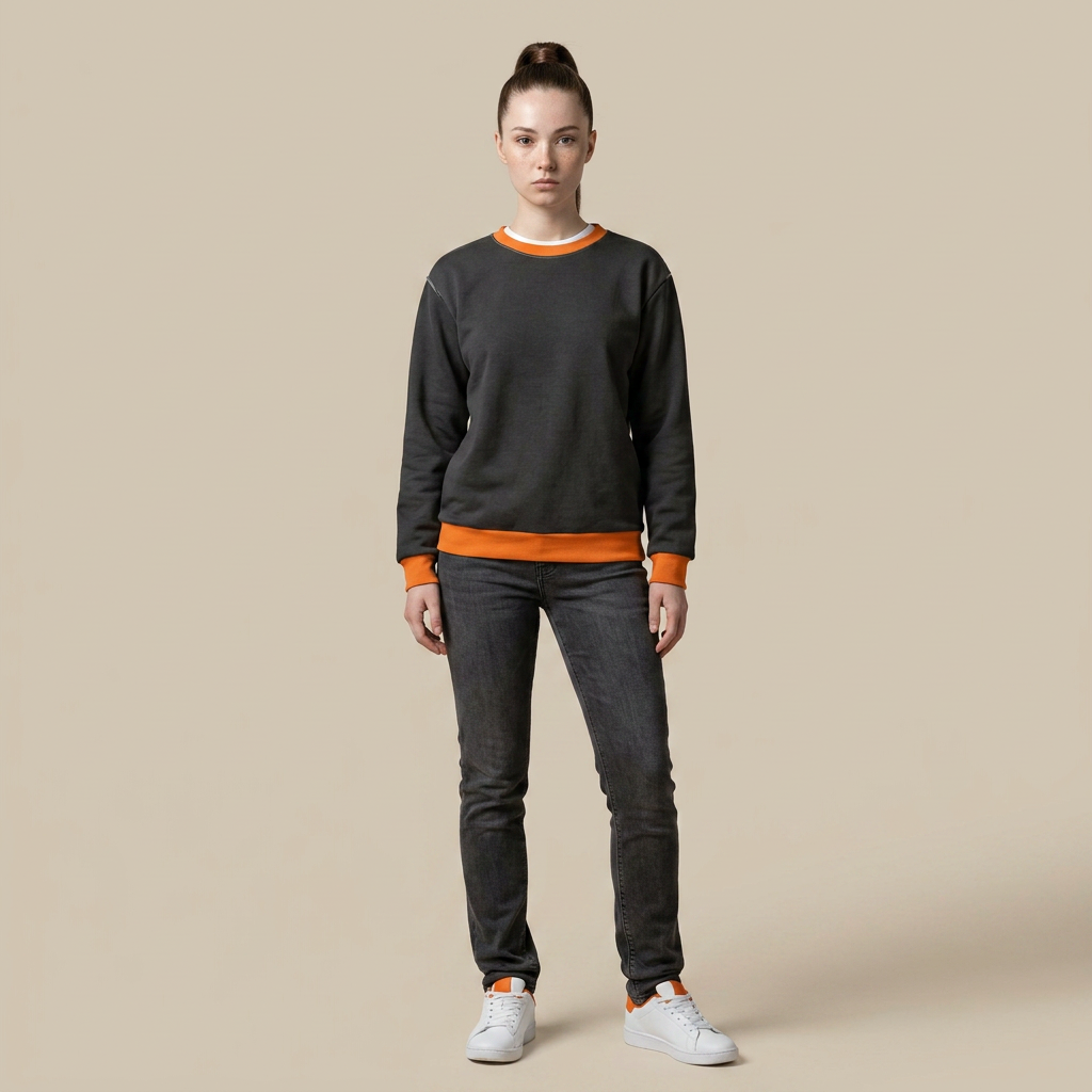 Halloween Orange-Trim Sweatshirt — Black Crewneck with Orange Cuffs & Hem