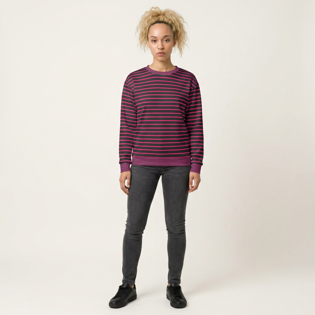 A woman modeling a long-sleeve crewneck sweater with thin horizontal stripes in purple and magenta, paired with dark gray skinny jeans and black shoes, against a plain off-white studio background.