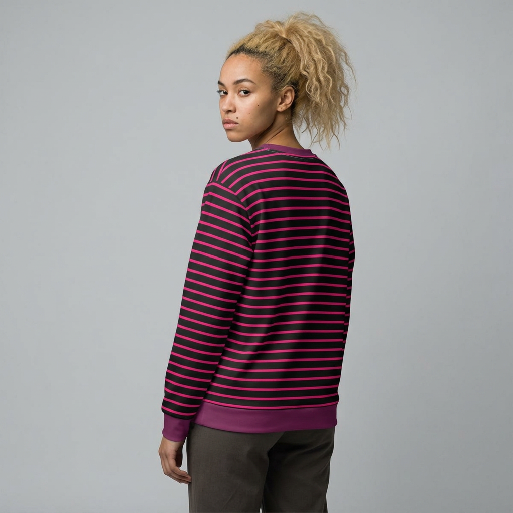 A woman with blonde hair in a ponytail is shown from the back wearing a long-sleeve crewneck sweatshirt with horizontal dark pink and purple stripes, paired with dark gray pants, against a solid gray studio background.