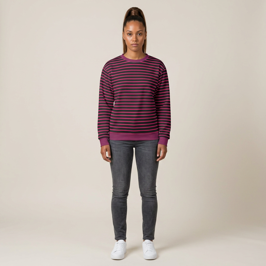 A woman modeling a long-sleeve crewneck sweater with horizontal dark purple and pink stripes, paired with dark gray skinny jeans and white sneakers, against a plain beige studio background.