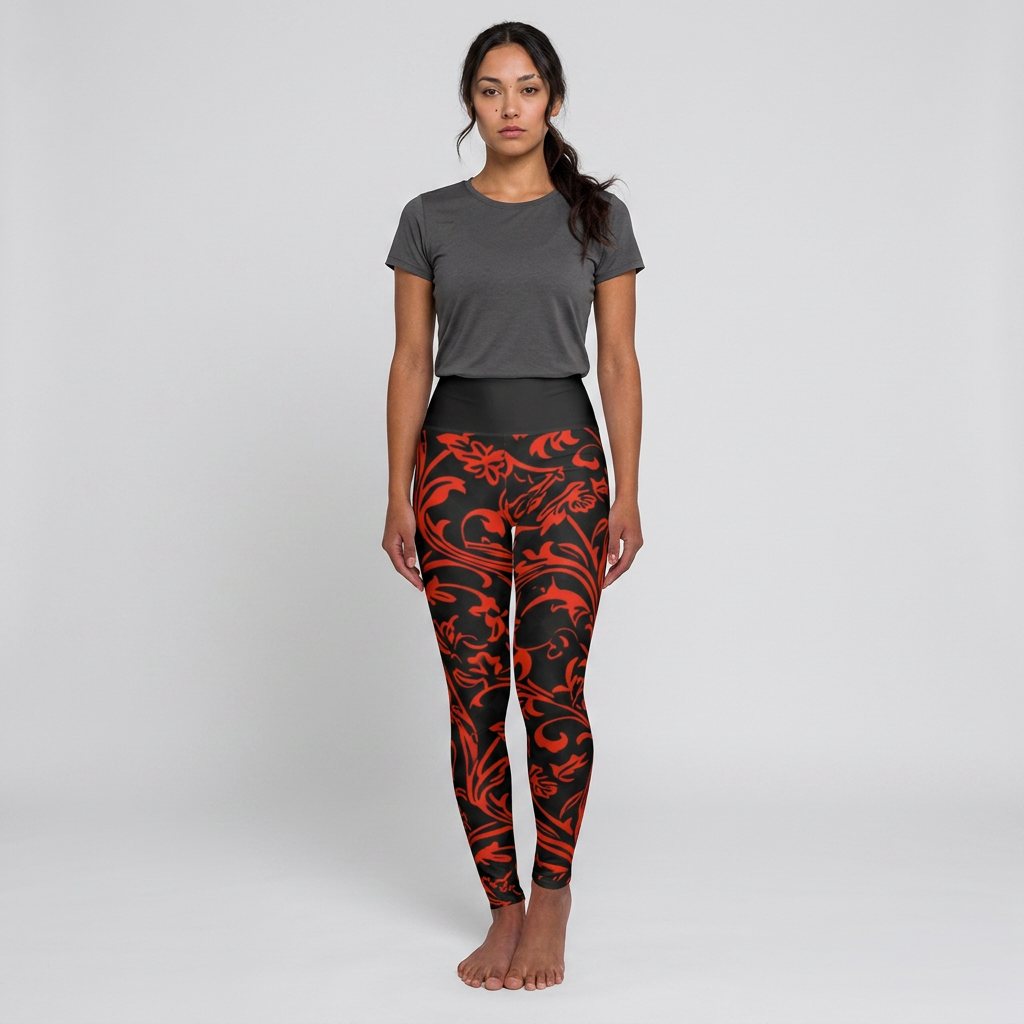 A woman stands against a light gray studio background wearing high-waisted leggings with a black base and a bold red abstract scroll pattern, paired with a dark gray short-sleeve top.