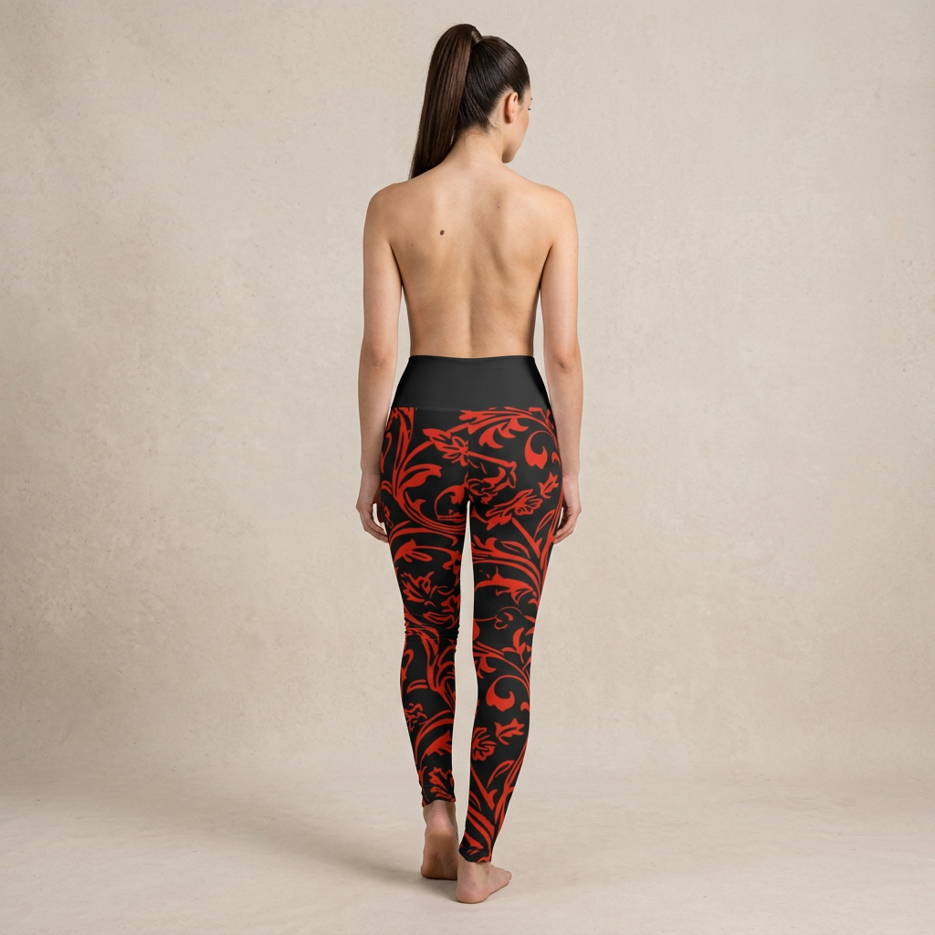 A woman viewed from behind wearing high-waisted leggings with a black base and a bold red abstract floral or tribal-style print, standing against a plain beige studio backdrop.