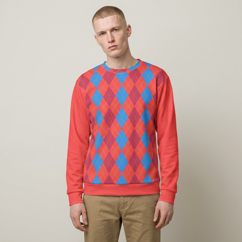 A man wearing a long-sleeve crewneck sweatshirt with a red, blue, and purple argyle pattern on the front and solid red sleeves, paired with khaki pants, against a plain beige background.