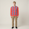A man wearing a coral red crewneck sweatshirt with a blue and coral argyle pattern, paired with beige trousers and black shoes, standing against a light beige studio background.