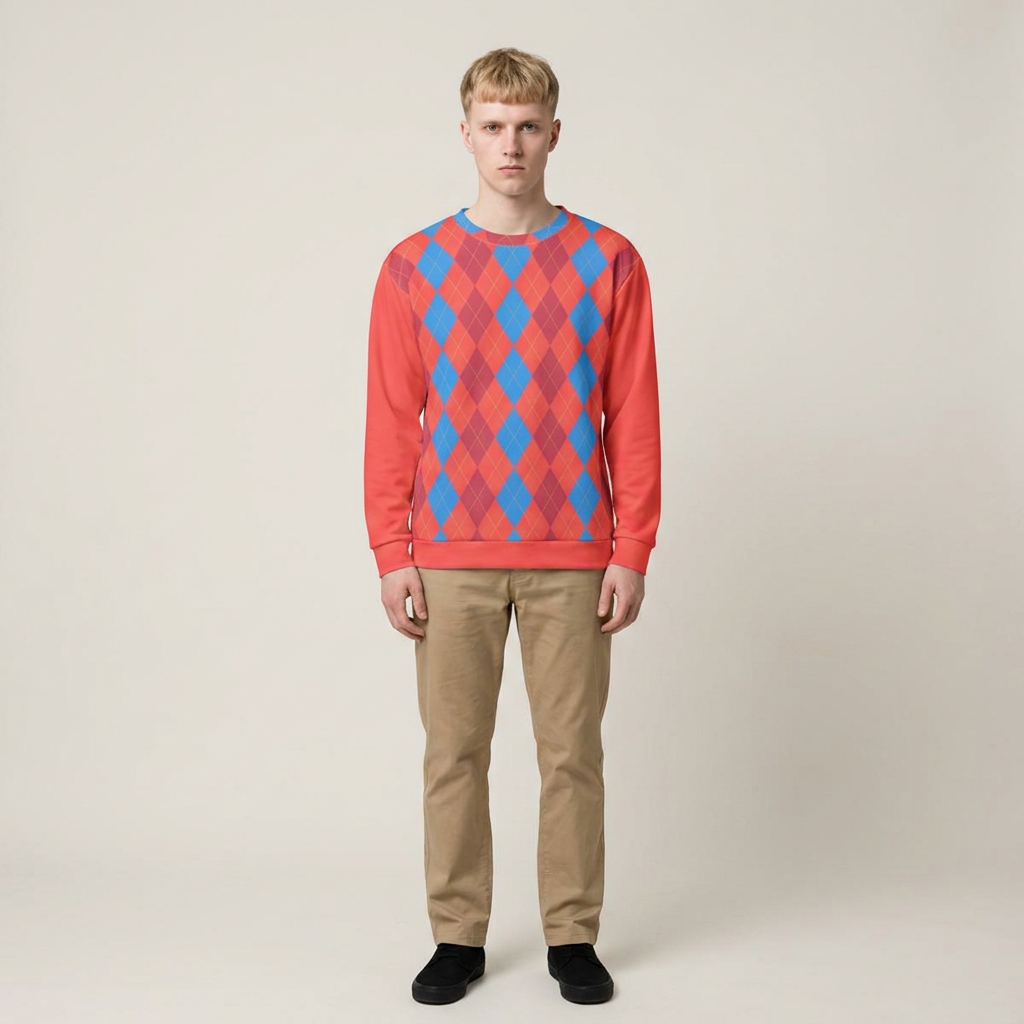 A man wearing a coral red crewneck sweatshirt with a blue and coral argyle pattern, paired with beige trousers and black shoes, standing against a light beige studio background.