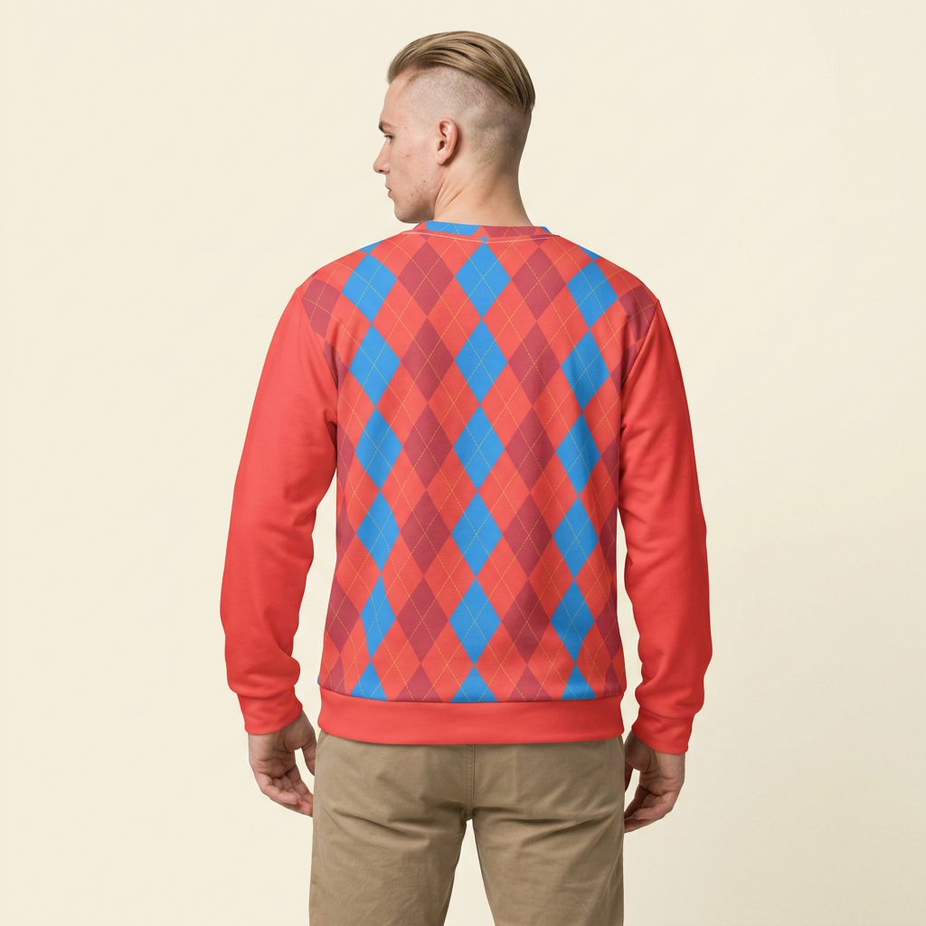 A man viewed from the back wearing a long-sleeve crewneck sweatshirt with a red, blue, and purple argyle pattern on the back and solid red sleeves, paired with khaki pants against a light beige background.