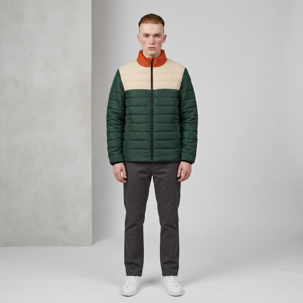 A man wearing a color-blocked puffer jacket with dark green, beige, and rust-orange panels, paired with dark gray trousers and white sneakers, standing against a light gray studio background.