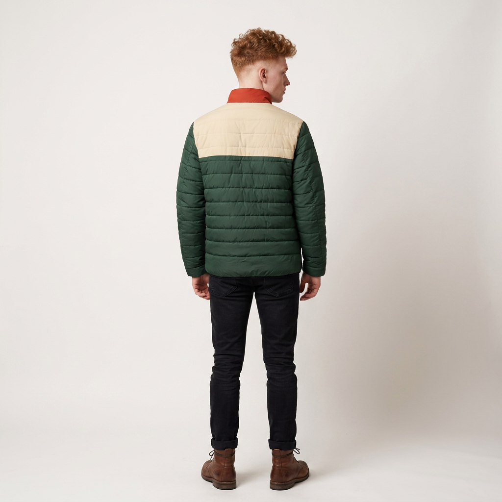 A man viewed from the back wearing a color-blocked quilted puffer jacket with a cream upper back, dark green sleeves and lower body, a rust-orange collar, paired with black pants and brown boots, against a plain off-white studio background.