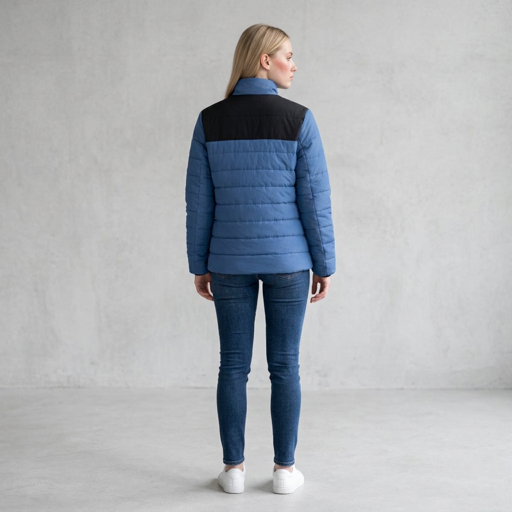 A woman viewed from the back wearing a blue puffer jacket with a black yoke, dark blue skinny jeans, and white sneakers, standing against a light gray textured wall.