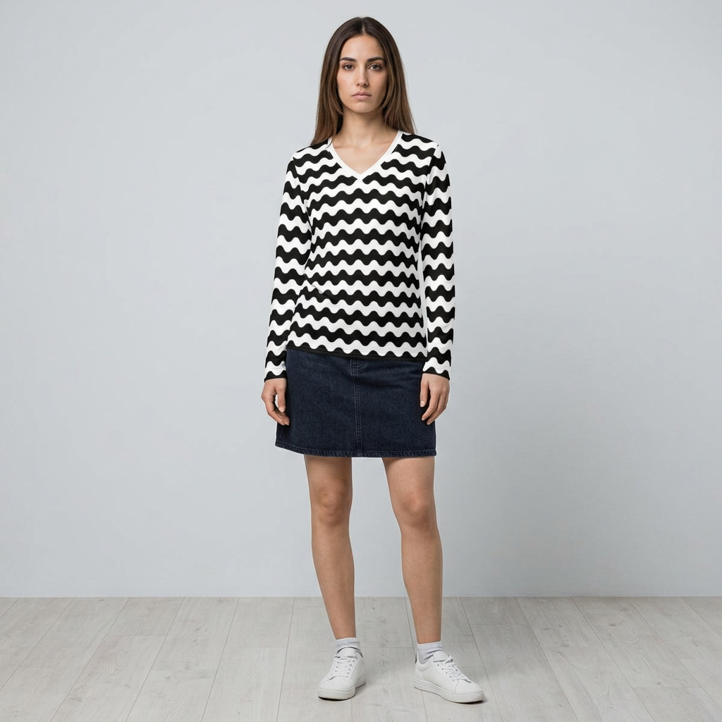 A woman stands in a studio wearing a black and white chevron-patterned long-sleeve top, a dark denim mini skirt, and white sneakers against a light gray wall and pale wood floor.