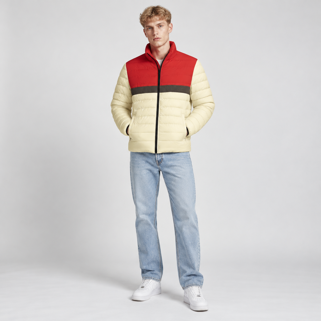 A man wearing a color-blocked puffer jacket with a cream body, red upper chest and shoulders, and a dark gray horizontal stripe, paired with light blue jeans and white sneakers, standing against a light gray studio background.