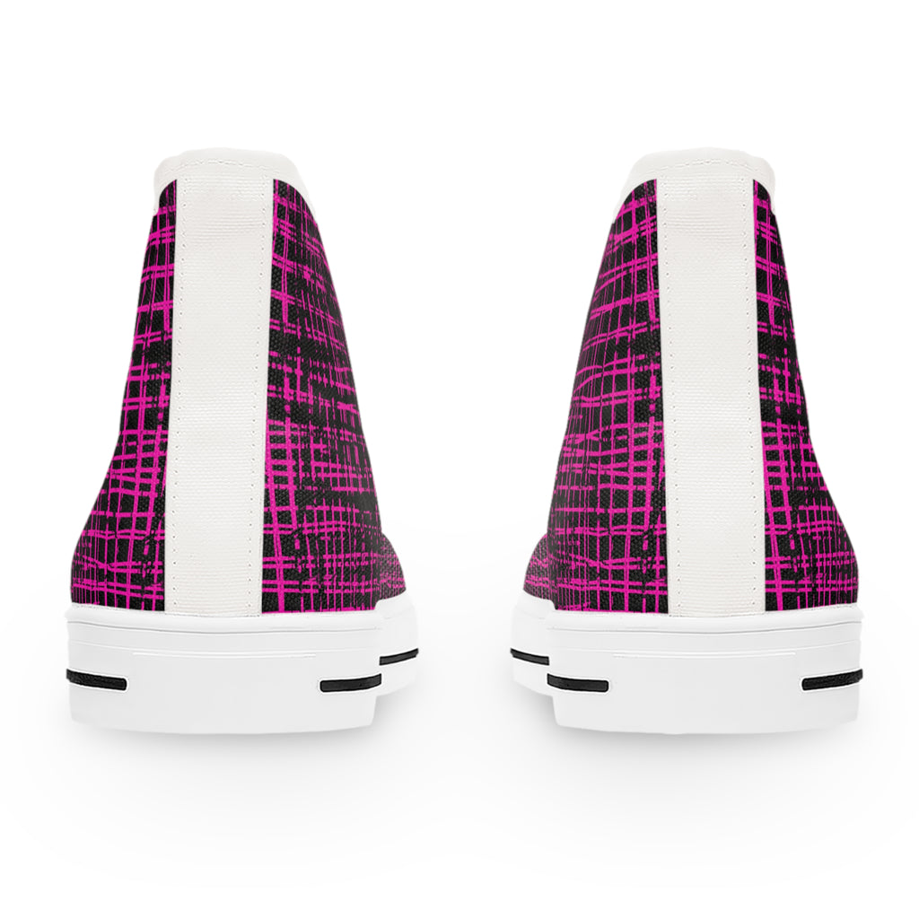 Women's High Top Sneakers — Pink Plaid Grunge Pattern