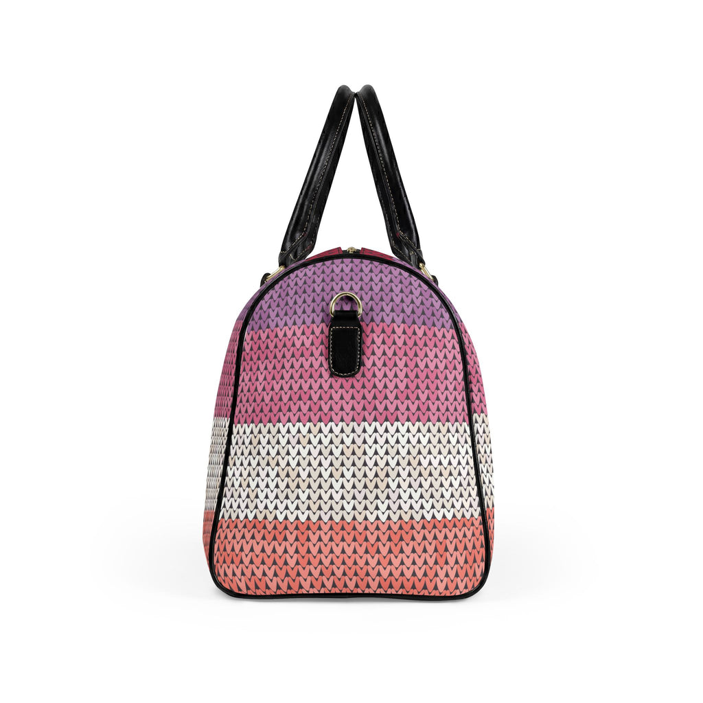 A dome-shaped handbag with a textured knit pattern in horizontal stripes of purple, pink, white, and coral, featuring black leather handles and trim.