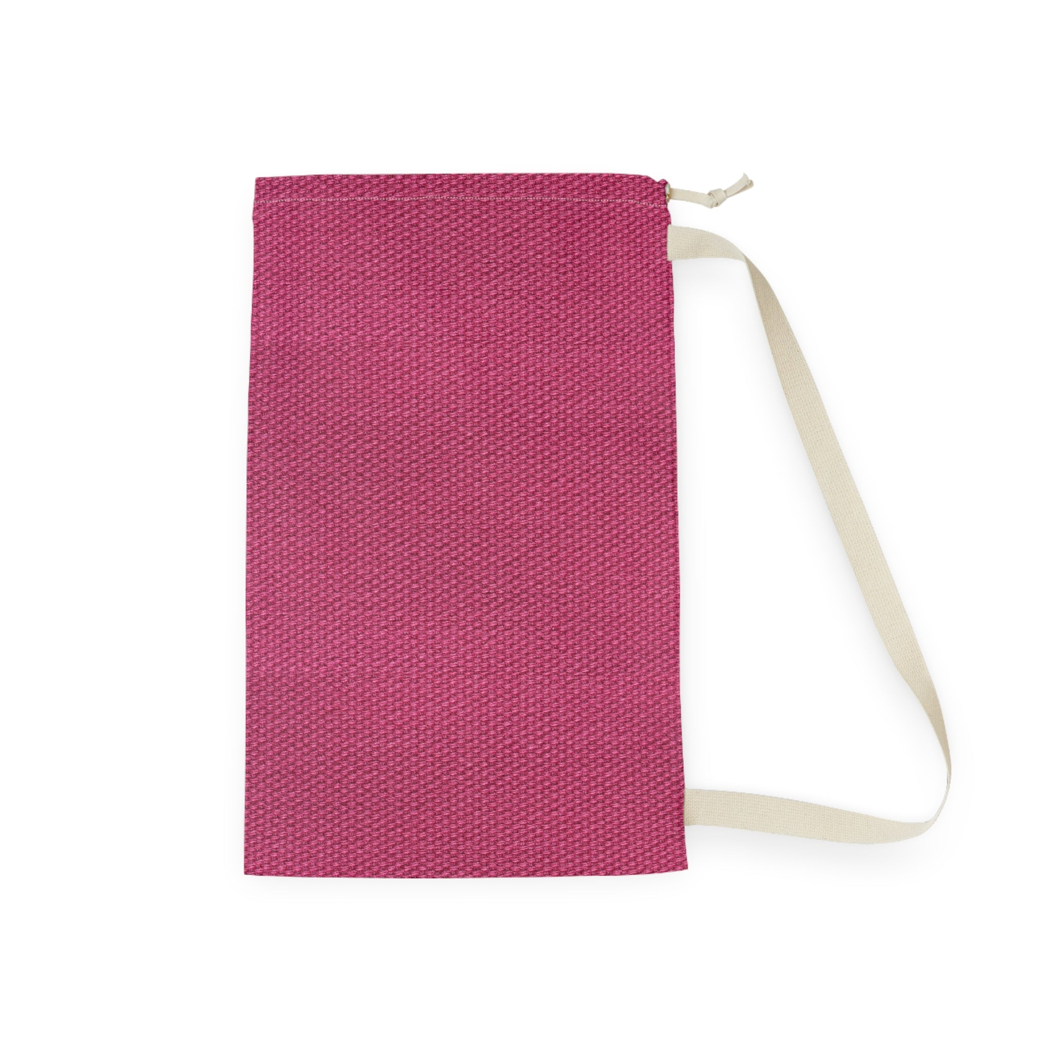 A pink woven drawstring pouch with a cream-colored strap, shown flat against a white background.