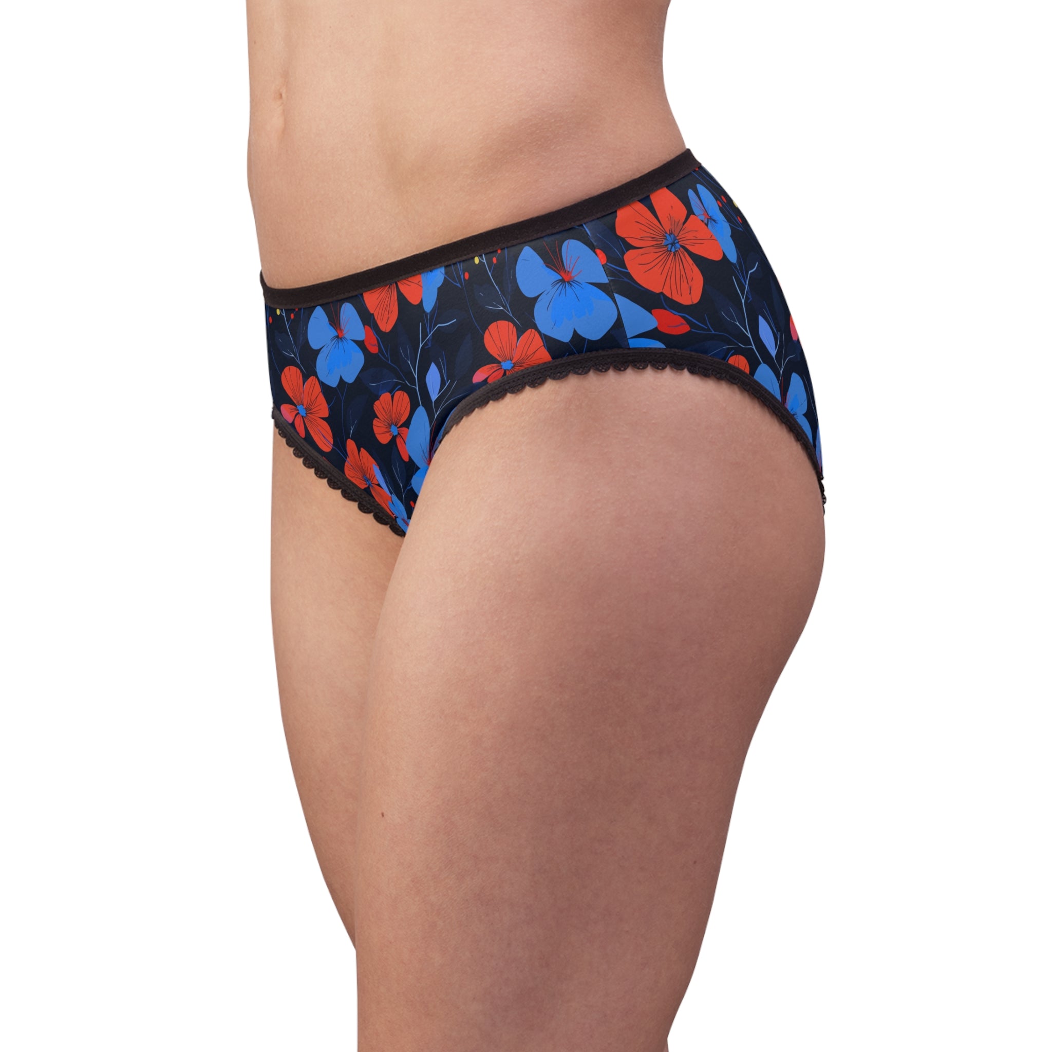 Floral Lace-Trim Briefs — Red & Blue Bloom All-Over Print