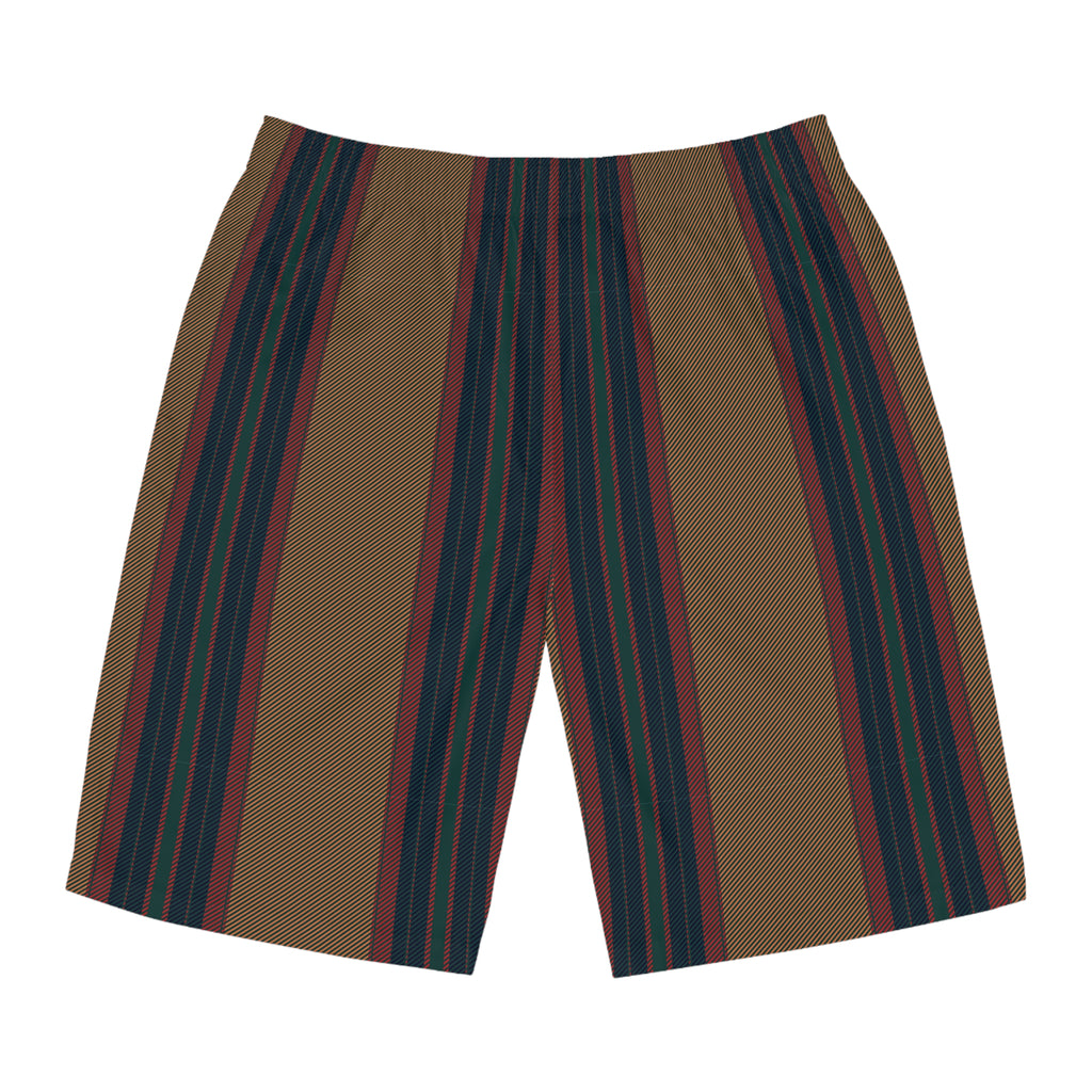 Men's Striped Board Shorts — Vintage Earthtone Vertical Stripe Swim Trunks