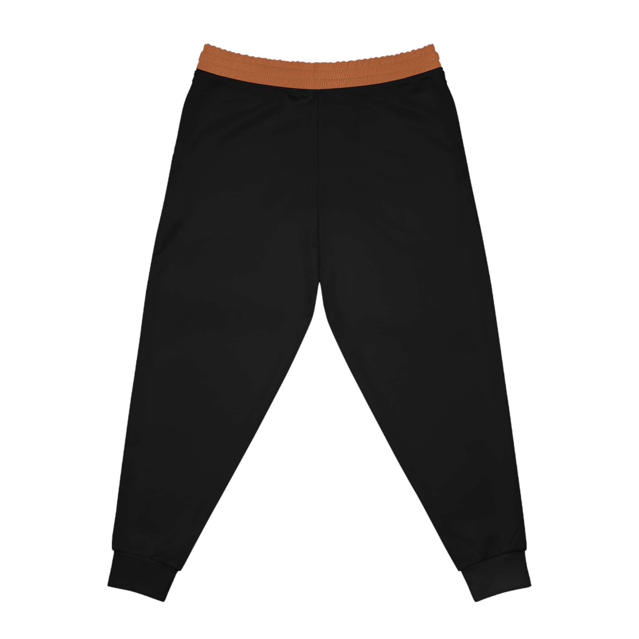 Black jogger pants with a contrasting brown elastic waistband, shown flat against a white background.