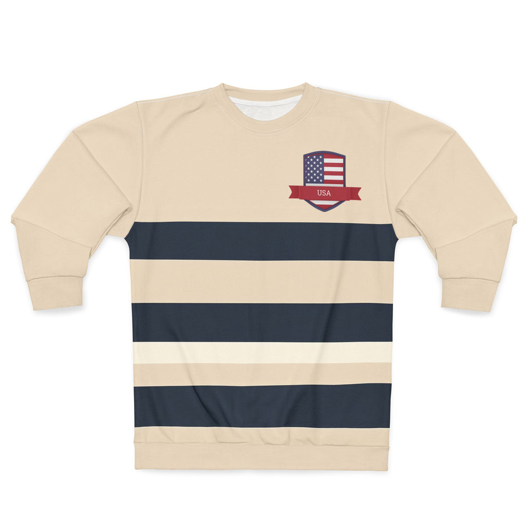 A long-sleeve crewneck sweatshirt with horizontal stripes in beige, navy blue, and white, featuring a small USA flag crest on the left chest.