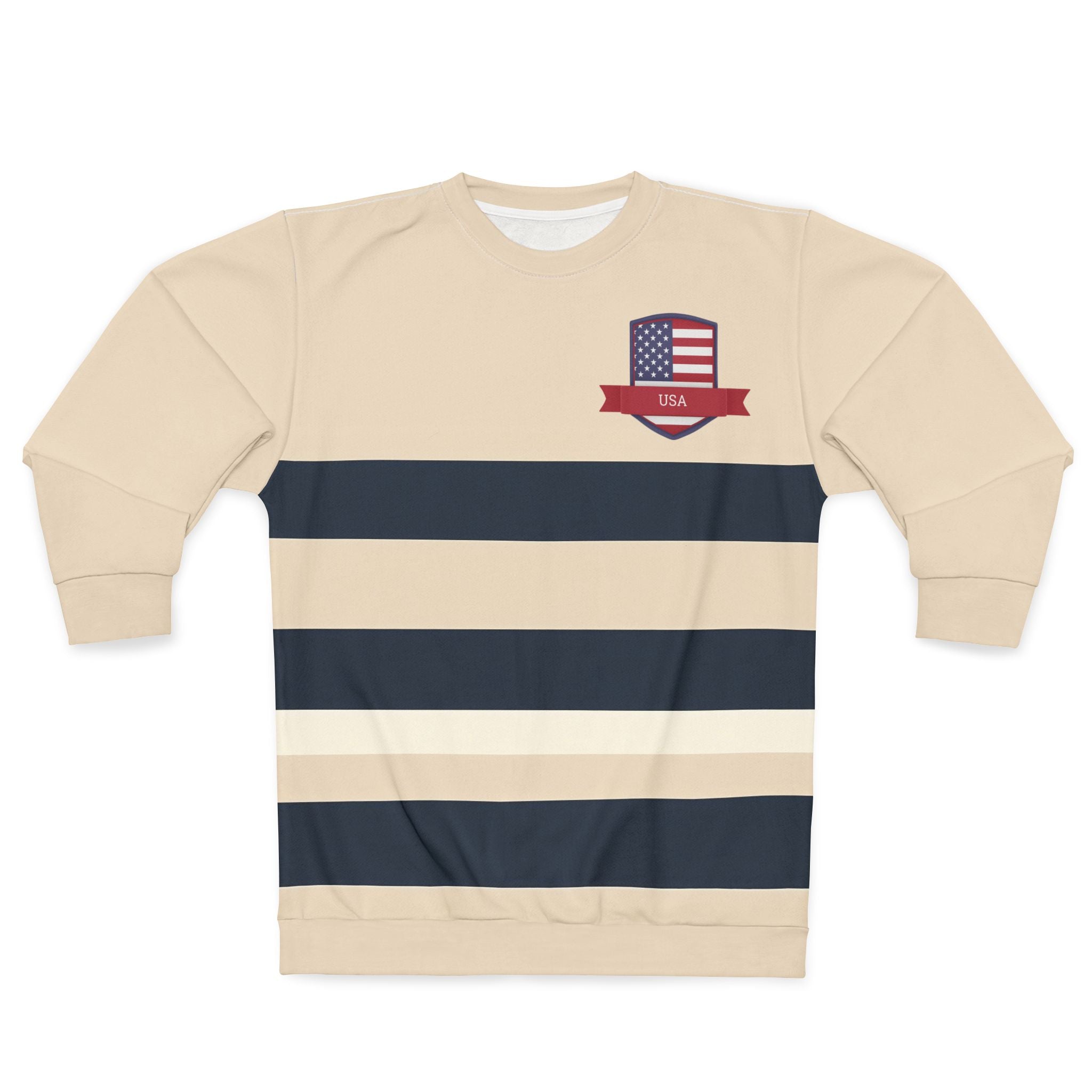 A long-sleeve crewneck sweatshirt with horizontal stripes in beige, navy blue, and white, featuring a small USA flag crest on the left chest.