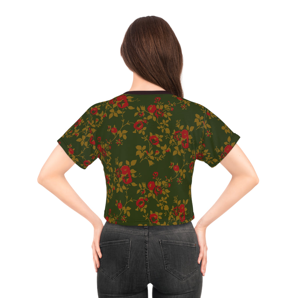 Floral Vintage Rose Crop Tee — Green All-Over Print