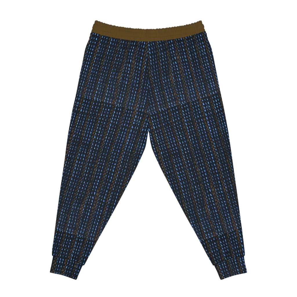 A pair of jogger-style pants with a dark navy and black textured pattern, accented by vertical blue stripes, featuring a contrasting olive-brown elastic waistband and elastic cuffs.