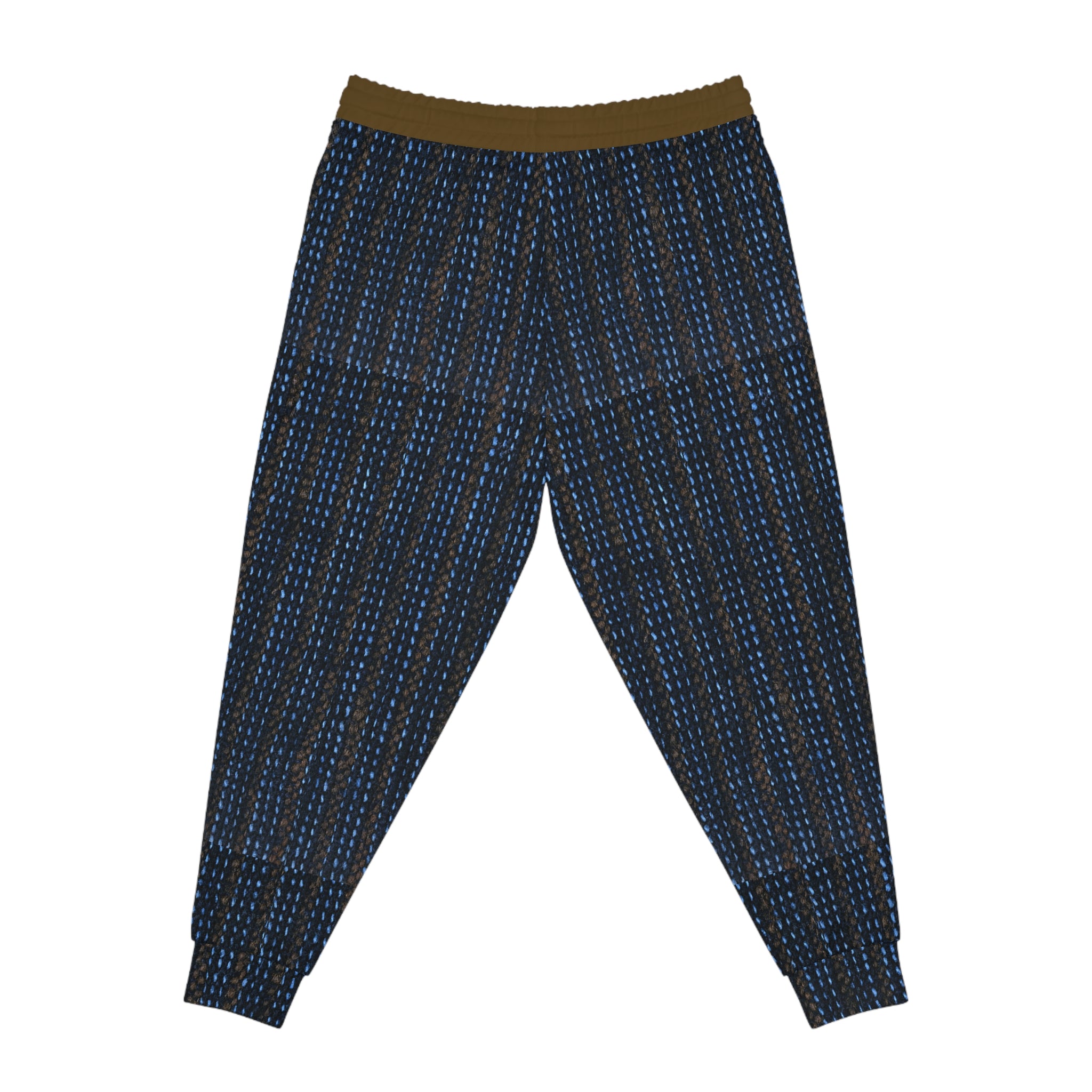 A pair of jogger-style pants with a dark navy and black textured pattern, accented by vertical blue stripes, featuring a contrasting olive-brown elastic waistband and elastic cuffs.