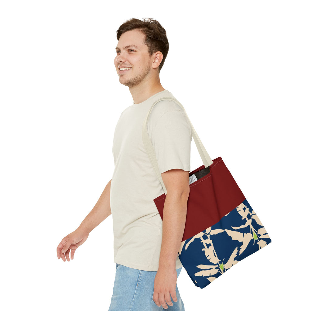 Red Navy Botanical Leaf Pattern Tote Bag
