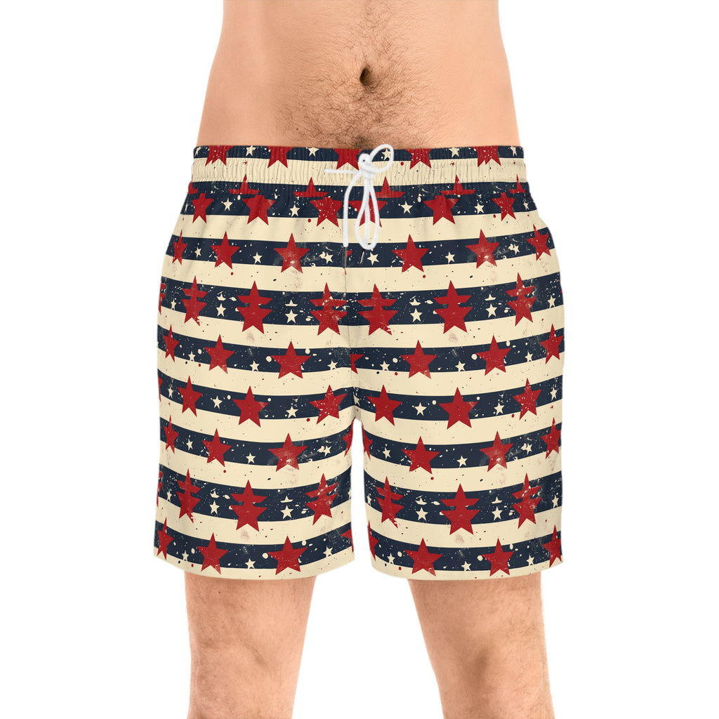 Patriotic Red Star Striped Men's Swim Shorts