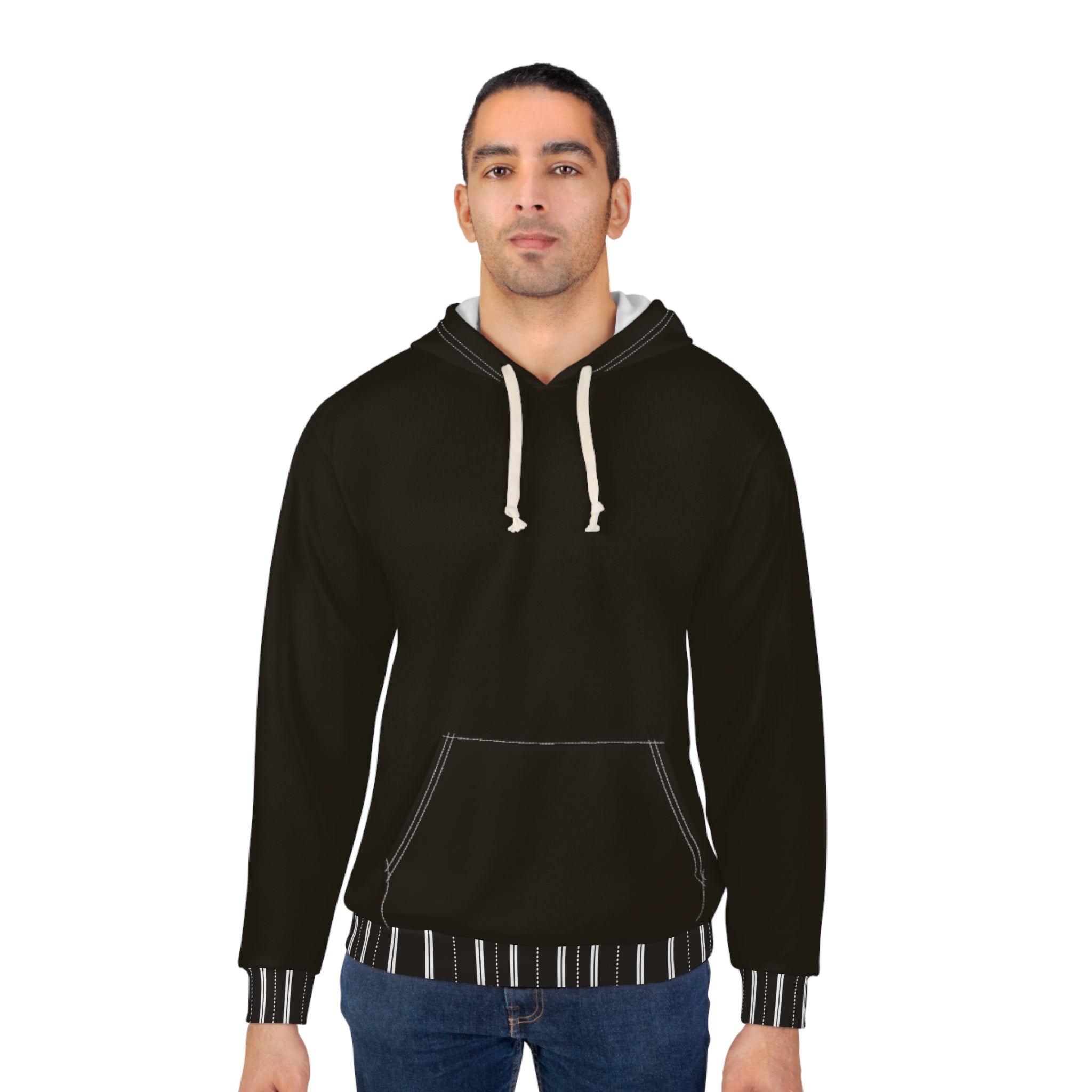 Black White Striped Cuff Hoodie — Cozy Unisex Pullover w Black White Trim