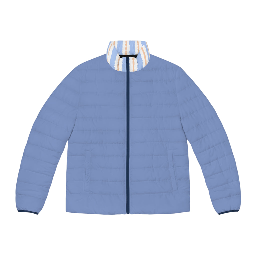 A light blue quilted puffer jacket with a full front zipper, featuring a striped collar in cream, white, and light blue.