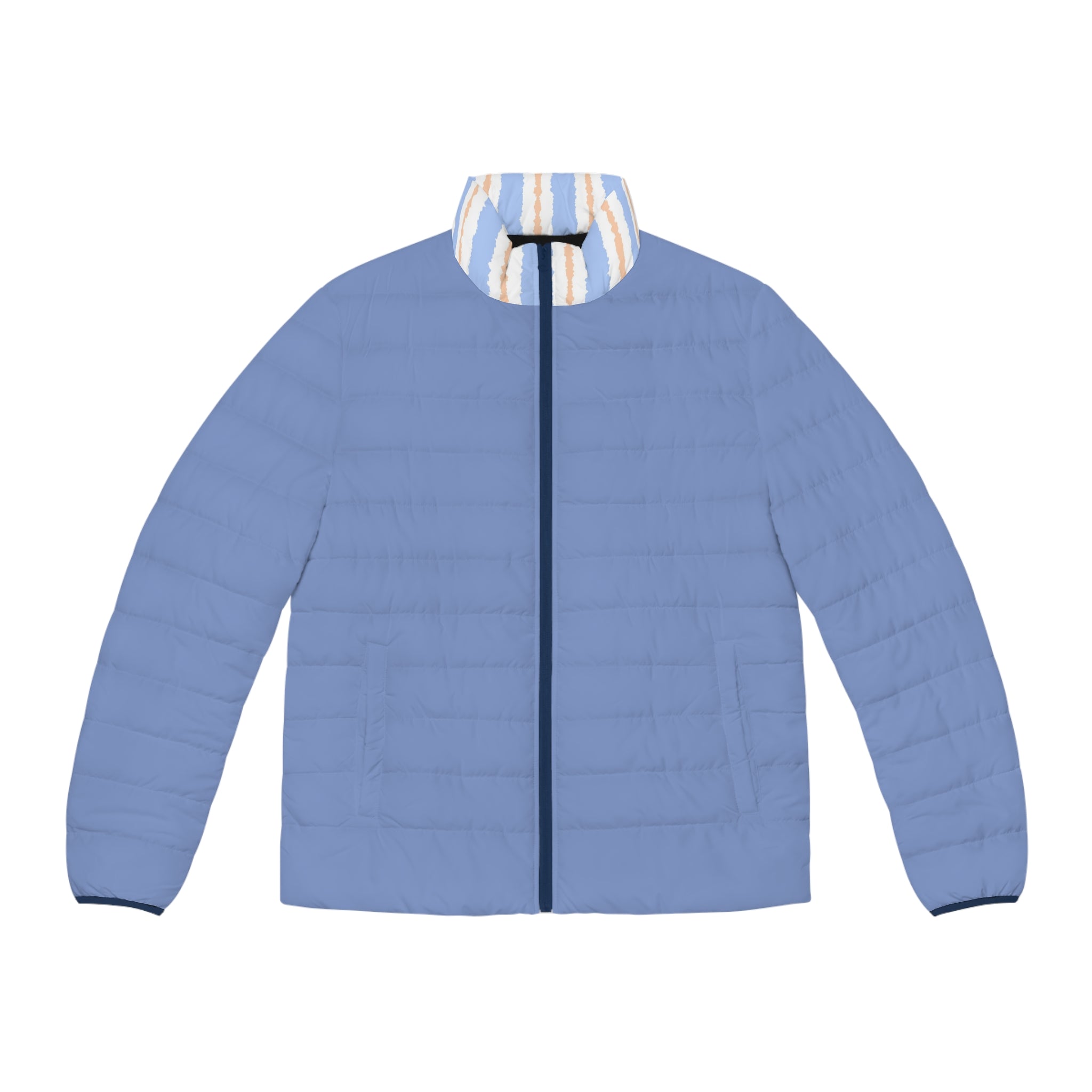 A light blue quilted puffer jacket with a full front zipper, featuring a striped collar in cream, white, and light blue.
