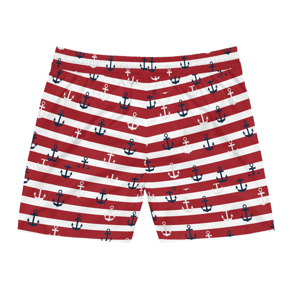 Nautical Red Striped Anchor Swim Shorts — Men’s Mid-Length Beach Trunks